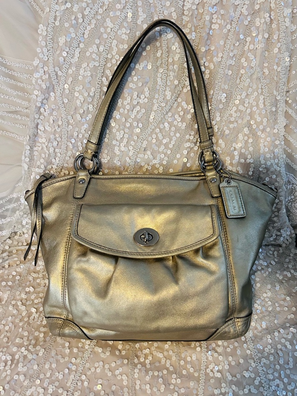Coach Leah Leather Purse Large Hand Bag Satchel Gold/Metallic No. 13173